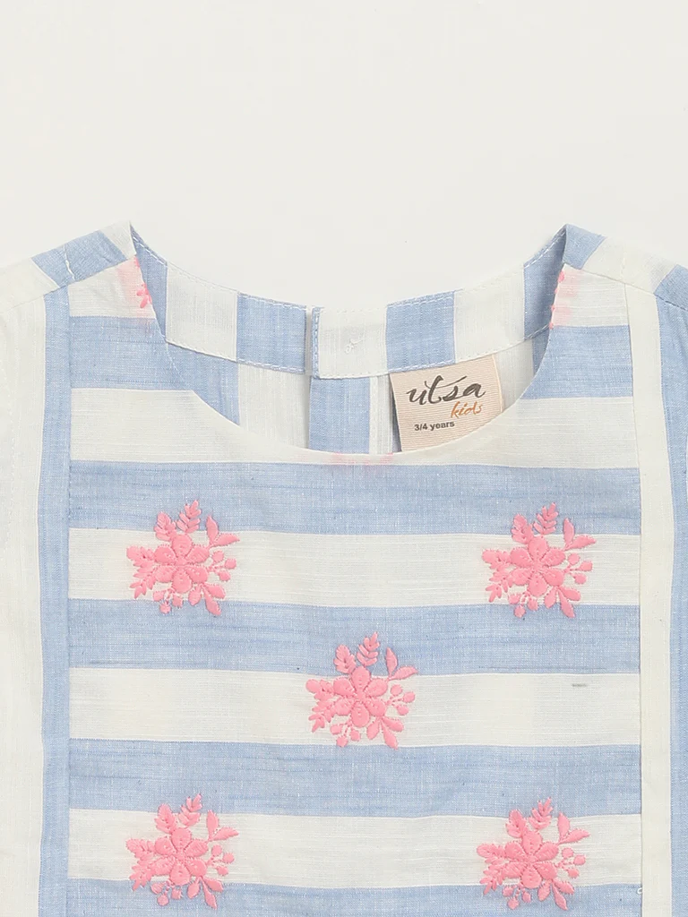Utsa Kids Girls Floral Embroidered Blue Striped Cotton Top - (2-8 yrs) - Image 3