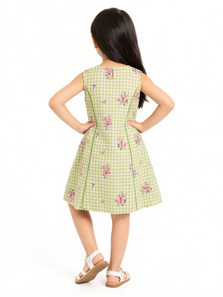 Utsa Kids Girls Green Checkered A-Line Cotton-Blend Dress - (2-8 yrs) - Image 2