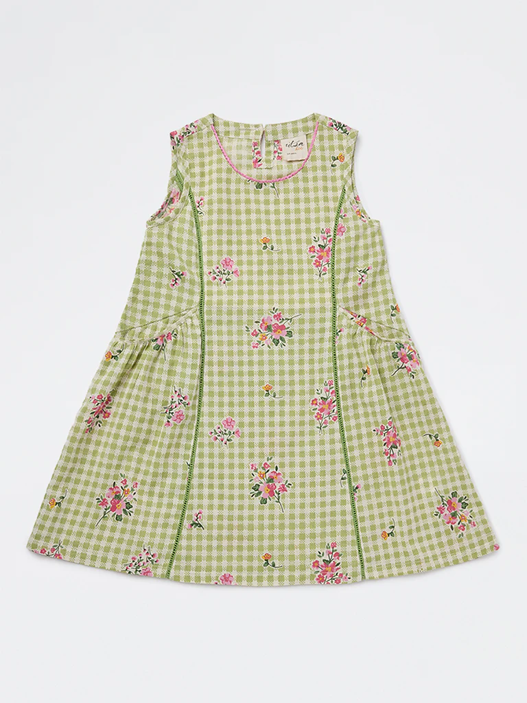 Utsa Kids Girls Green Checkered A-Line Cotton-Blend Dress - (2-8 yrs) - Image 3