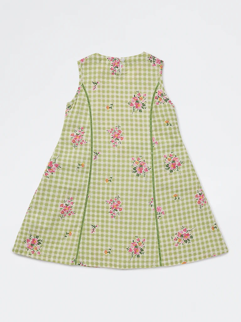 Utsa Kids Girls Green Checkered A-Line Cotton-Blend Dress - (2-8 yrs) - Image 4