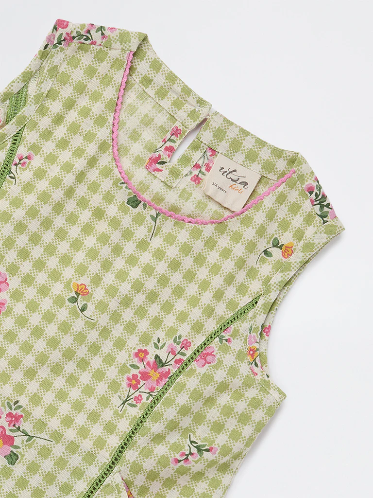 Utsa Kids Girls Green Checkered A-Line Cotton-Blend Dress - (2-8 yrs) - Image 5
