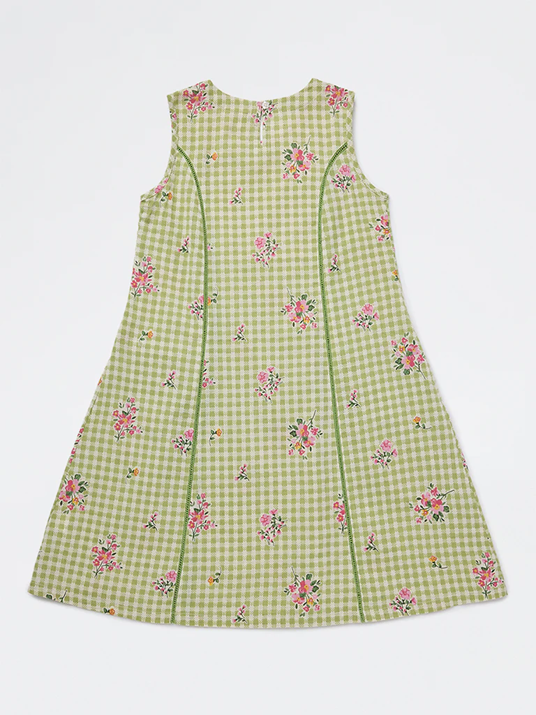 Utsa Kids Girls Green Checkered A-Line Cotton-Blend Dress - (8-14 yrs) - Image 2