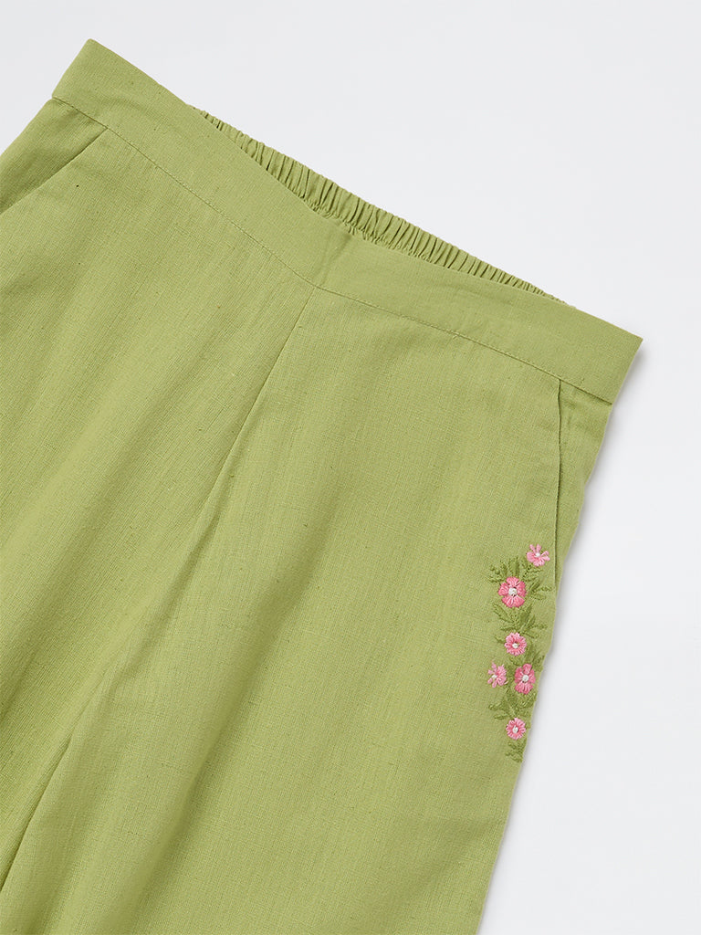 Utsa Kids Girls Green Floral Embroidered Cotton Ethnic Pants - (8-14 yrs) - Image 3