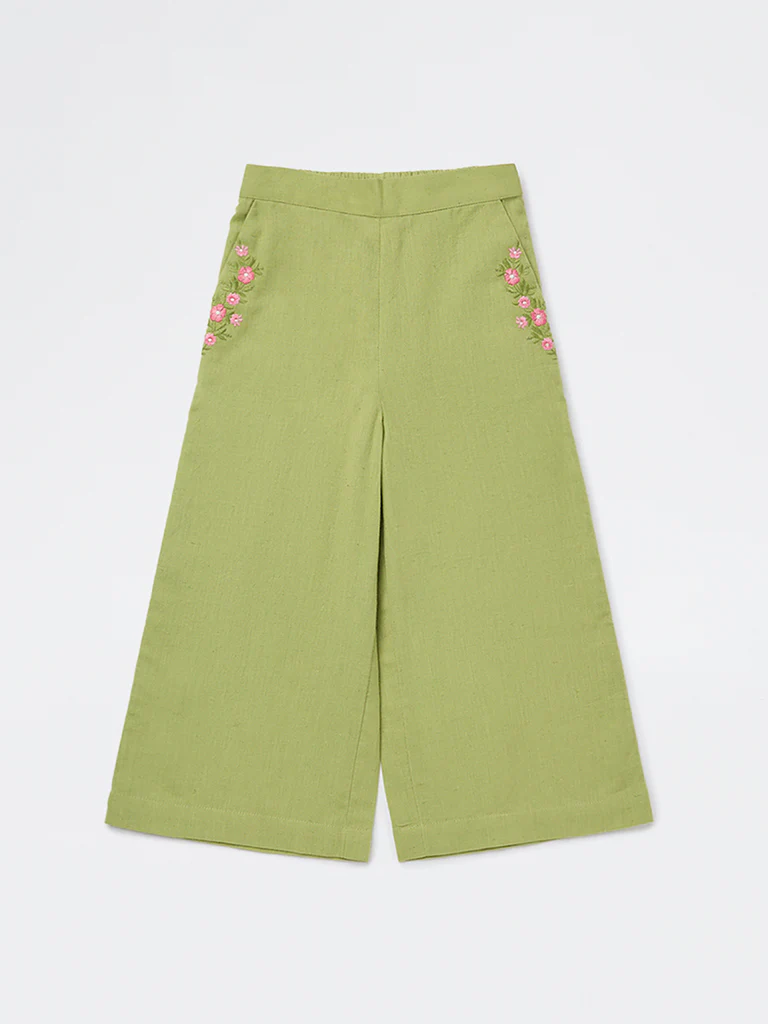 Utsa Kids Girls Green Floral Embroidered Ethnic Pants - (2-8 yrs)