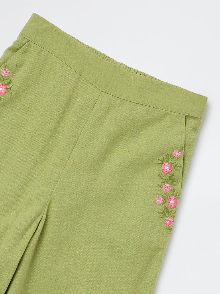 Utsa Kids Girls Green Floral Embroidered Ethnic Pants - (2-8 yrs) - Image 3