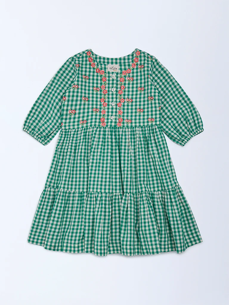 Utsa Kids Girls Green Gingham Checks Tiered Cotton Dress - (2-8 yrs)