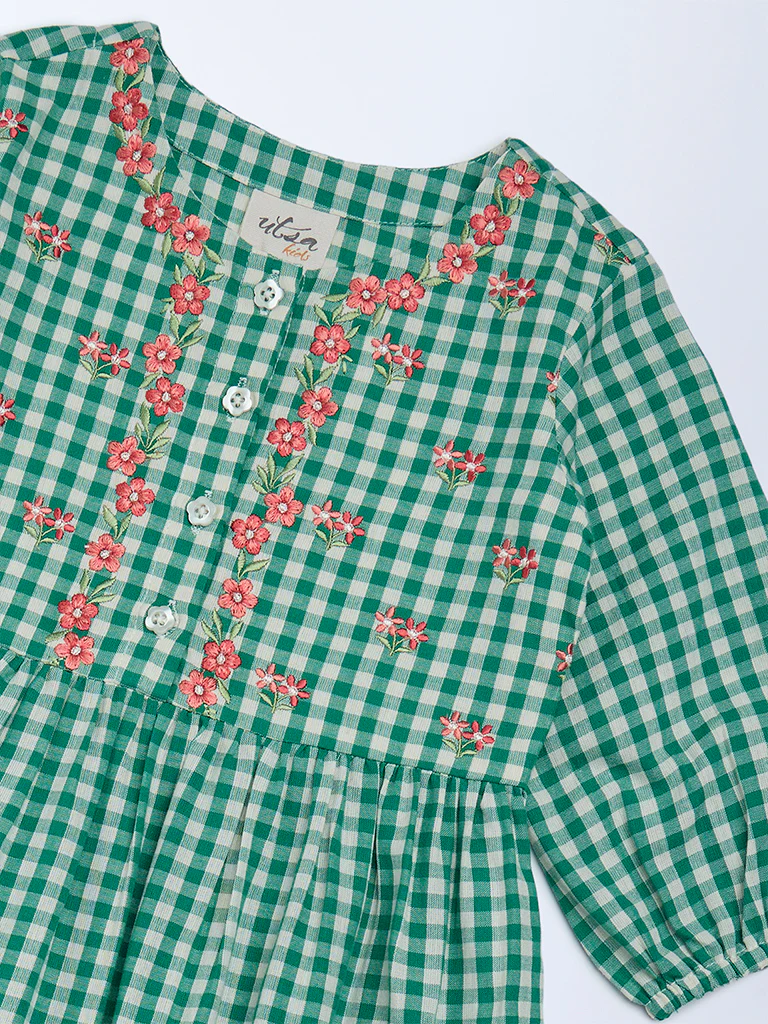 Utsa Kids Girls Green Gingham Checks Tiered Cotton Dress - (2-8 yrs) - Image 3