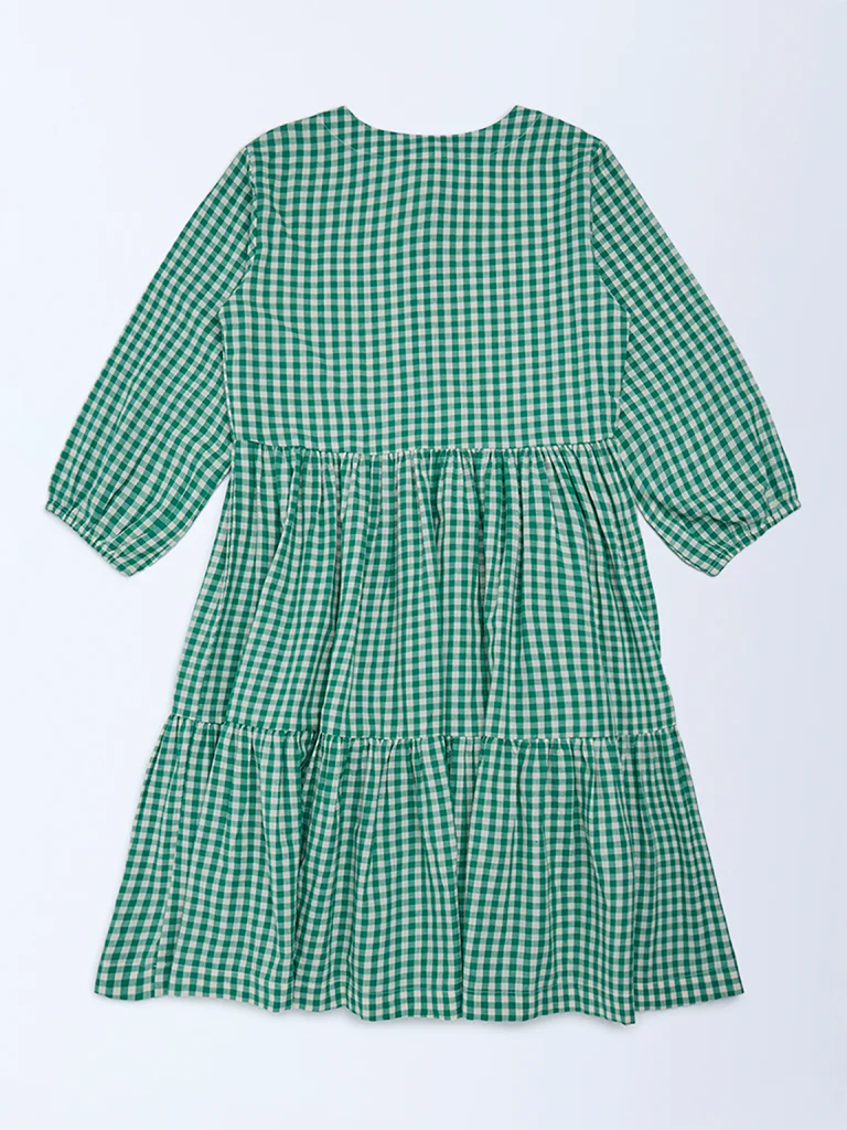 Utsa Kids Girls Green Gingham Checks Tiered Cotton Dress - (8-14 yrs) - Image 2