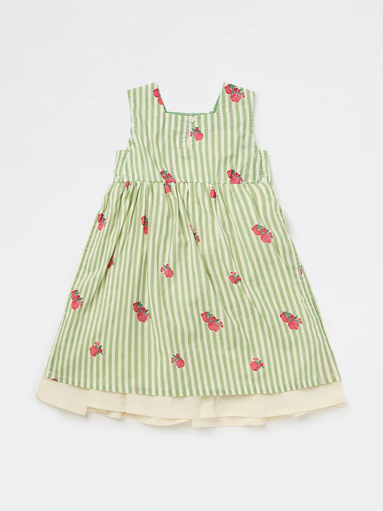 Utsa Kids Girls Green Striped Cotton A-Line Dress - ( 2-8 yrs ) - Image 4