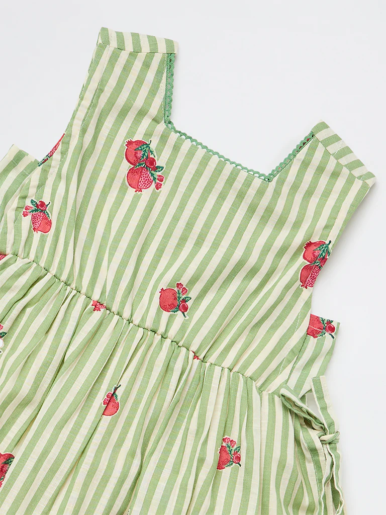 Utsa Kids Girls Green Striped Cotton A-Line Dress - ( 2-8 yrs ) - Image 5