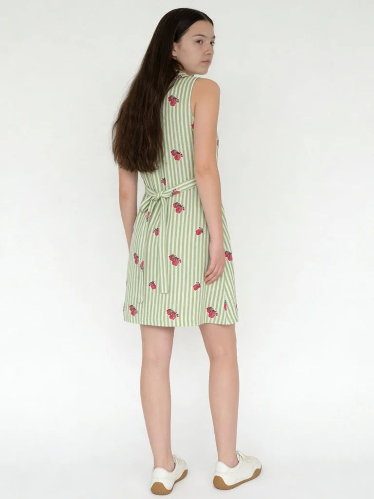Utsa Kids Girls Green Striped Cotton A-Line Dress - (8-14 yrs) - Image 2
