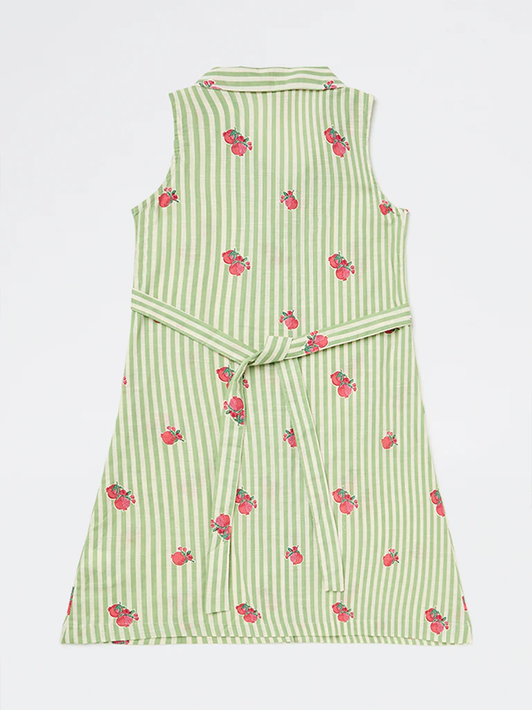 Utsa Kids Girls Green Striped Cotton A-Line Dress - (8-14 yrs) - Image 4