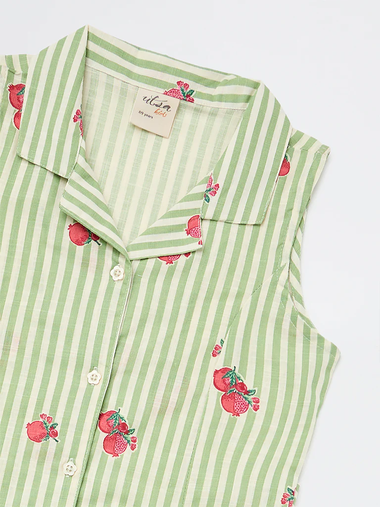 Utsa Kids Girls Green Striped Cotton A-Line Dress - (8-14 yrs) - Image 5