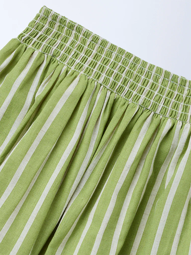 Utsa Kids Girls Green Striped Cotton-Blend Skirt - (8-14 yrs) - Image 3