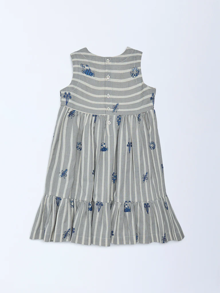 Utsa Kids Girls Grey Striped Cotton-Blend Tiered Dress - (2-8 yrs) - Image 2