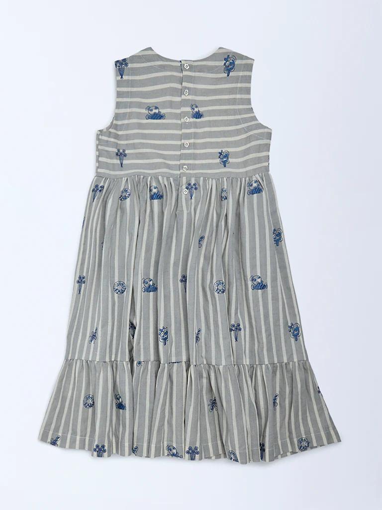 Utsa Kids Girls Grey Striped Cotton-Blend Tiered Dress - (8-14 yrs) - Image 2