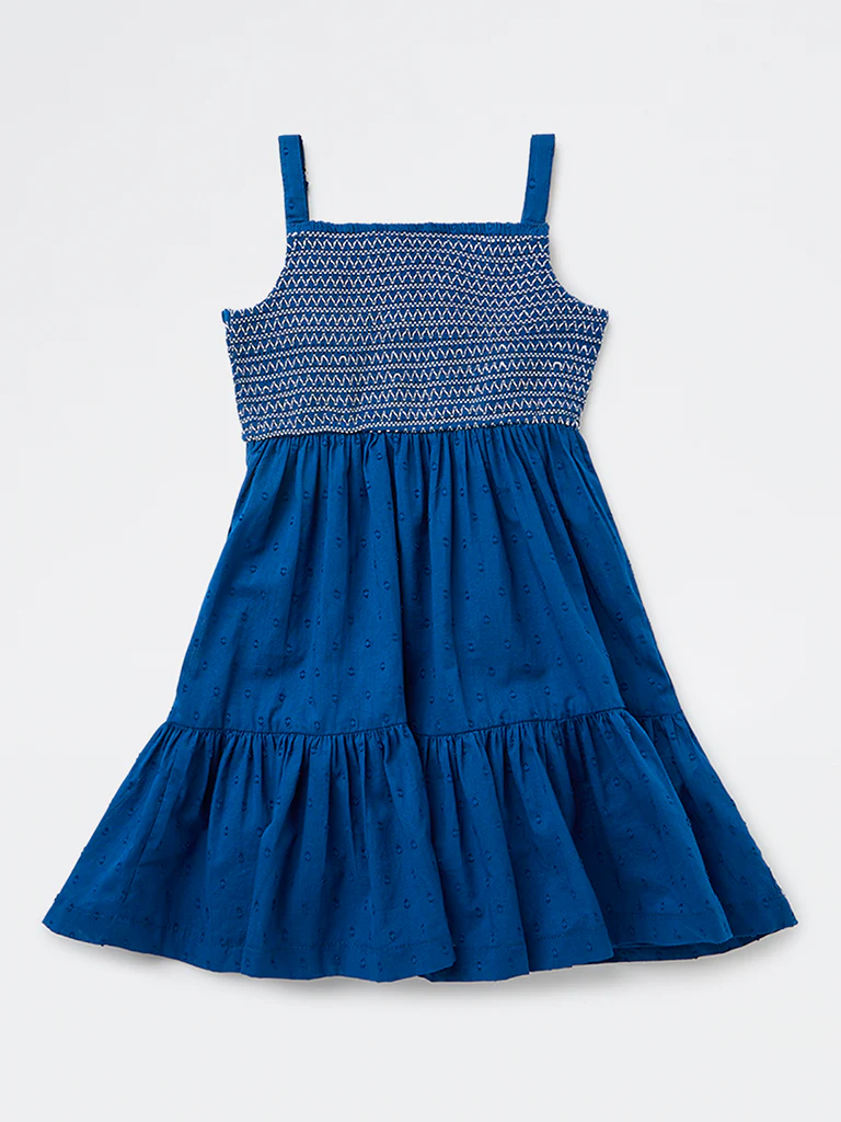Utsa Kids Girls Indigo Embroidered A-Line Cotton-Blend Dress - (8-14 yrs)