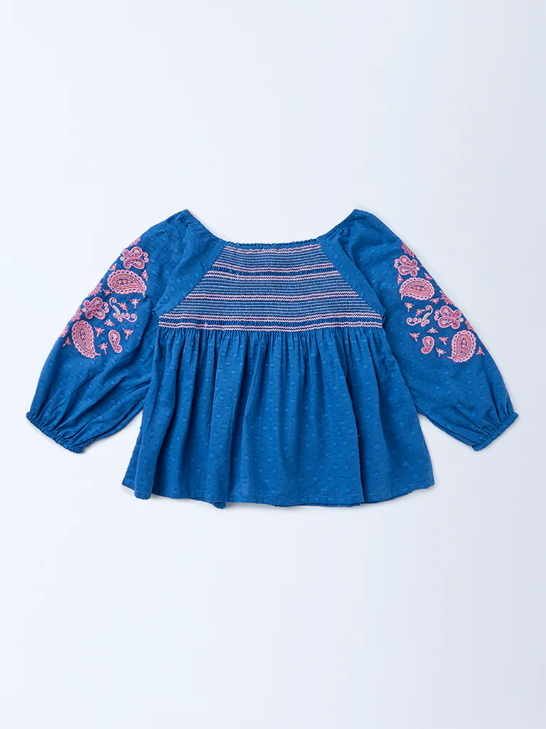 Utsa Kids Girls Indigo Embroidered Cotton-Blend Top - (8-14 yrs) - Image 2