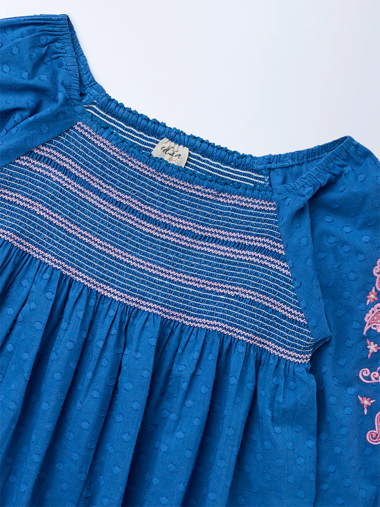 Utsa Kids Girls Indigo Embroidered Cotton-Blend Top - (8-14 yrs) - Image 3