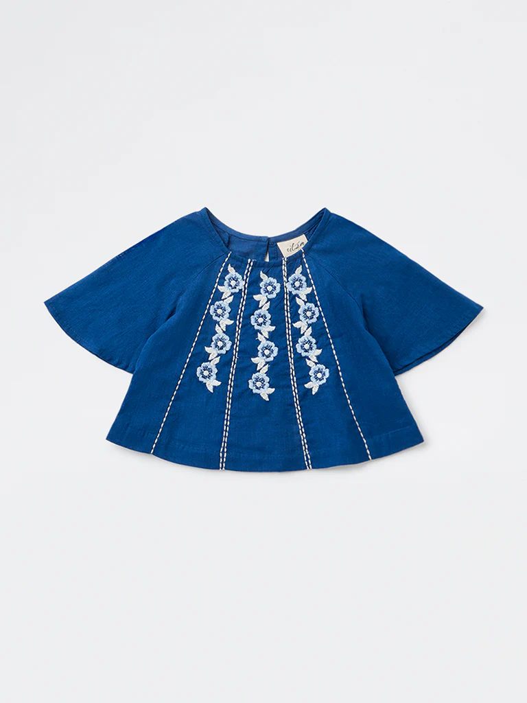 Utsa Kids Girls Indigo Embroidered Cotton Top - (2-8 yrs) - Image 3