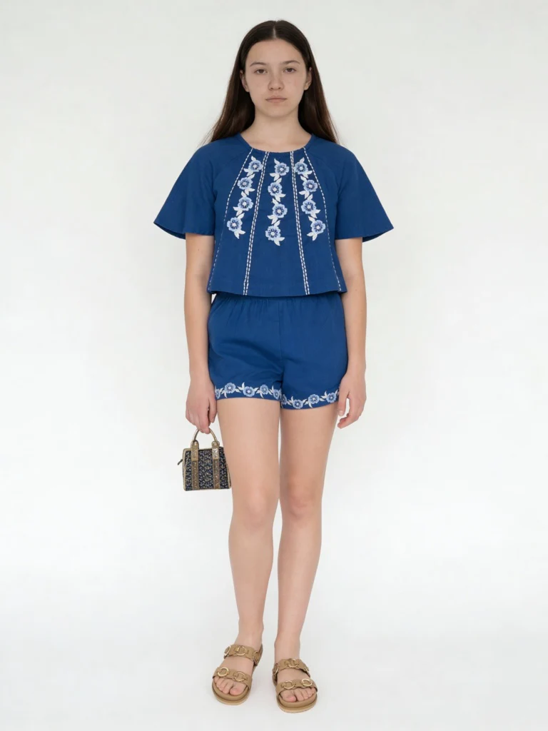 Utsa Kids Girls Indigo Embroidered Cotton Top - (8-14 yrs)