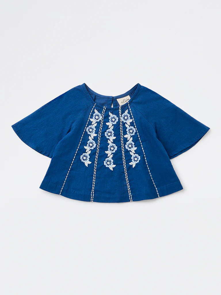 Utsa Kids Girls Indigo Embroidered Cotton Top - (8-14 yrs) - Image 3
