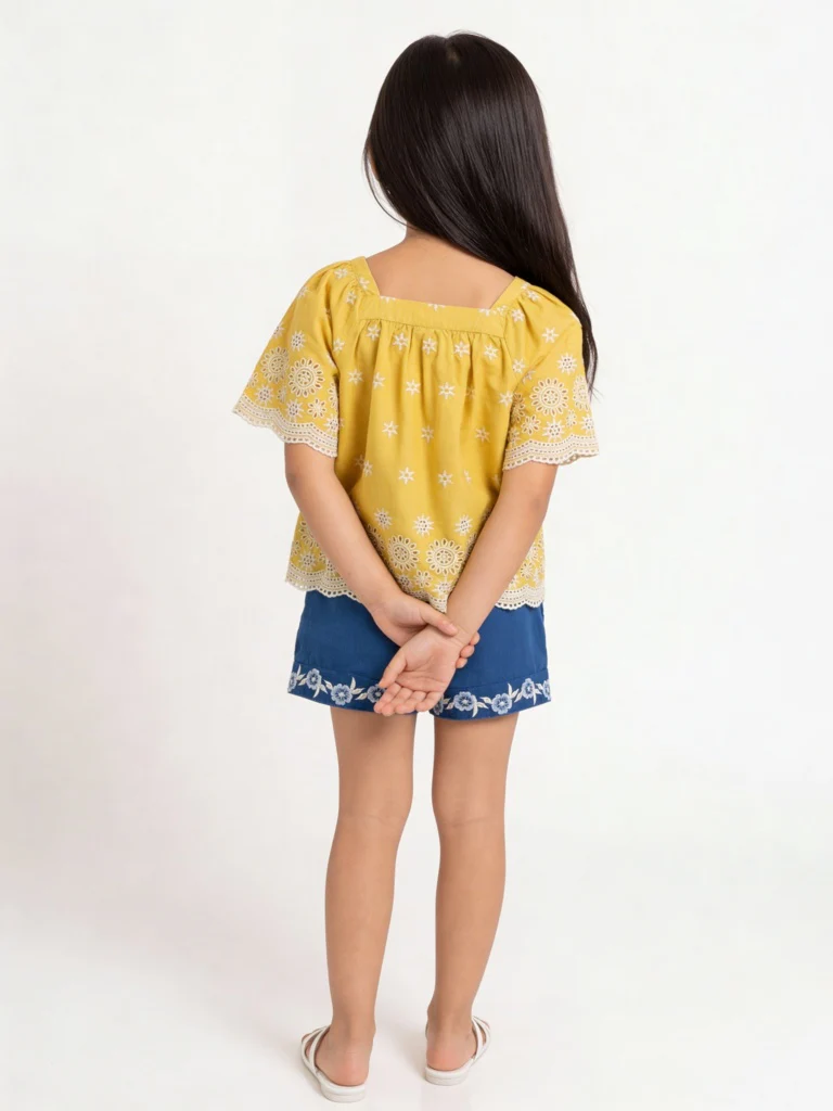 Utsa Kids Girls Indigo Embroidered Mid-Rise Cotton Shorts - (2-8 yrs) - Image 2