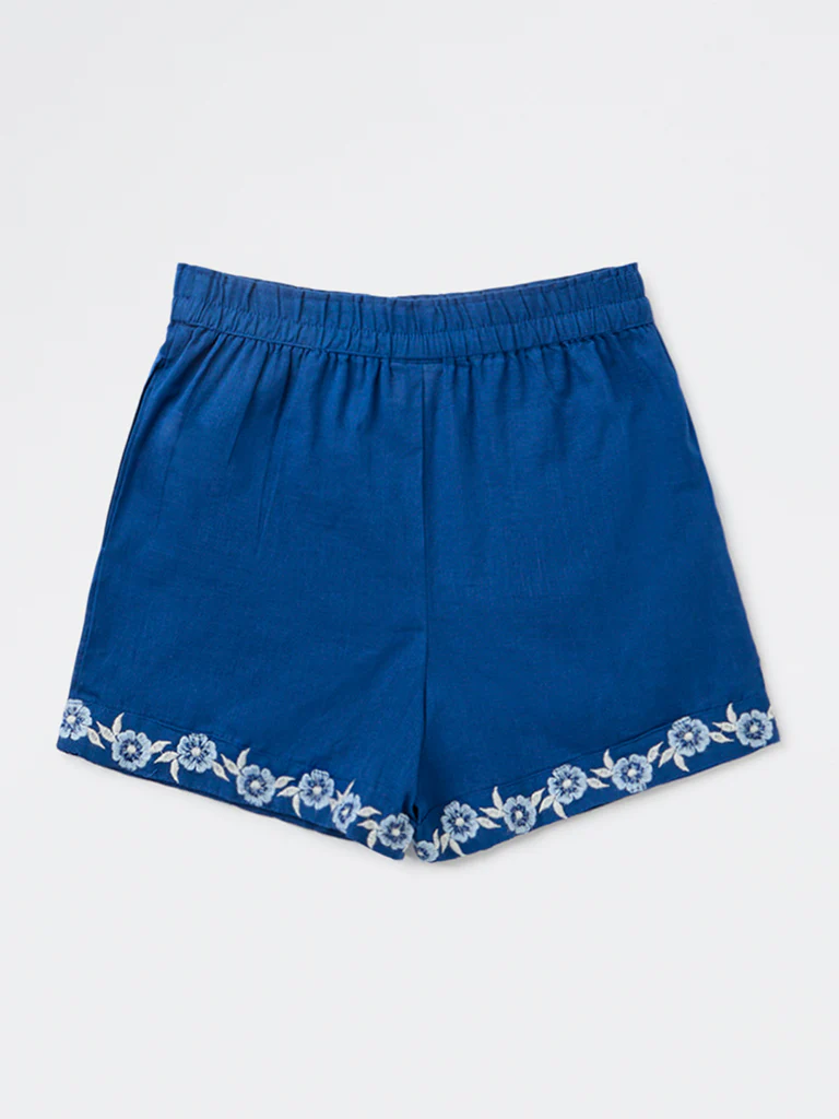 Utsa Kids Girls Indigo Embroidered Mid-Rise Cotton Shorts - (8-14 yrs) - Image 2