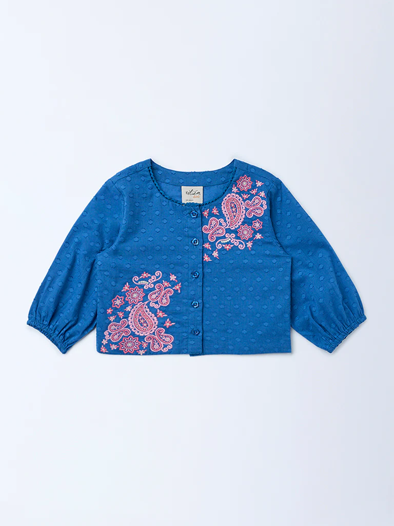 Utsa Kids Girls Indigo Floral Embroidered Cotton-Blend Top - (2-8 yrs)