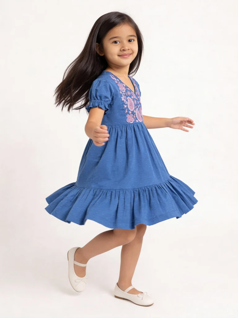 Utsa Kids Girls Indigo Floral Embroidered Flared Cotton-Blend Tiered Dress - (2-8 yrs)