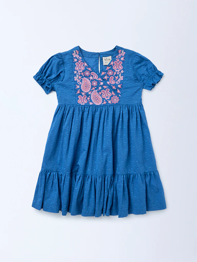 Utsa Kids Girls Indigo Floral Embroidered Flared Cotton-Blend Tiered Dress - (2-8 yrs) - Image 3