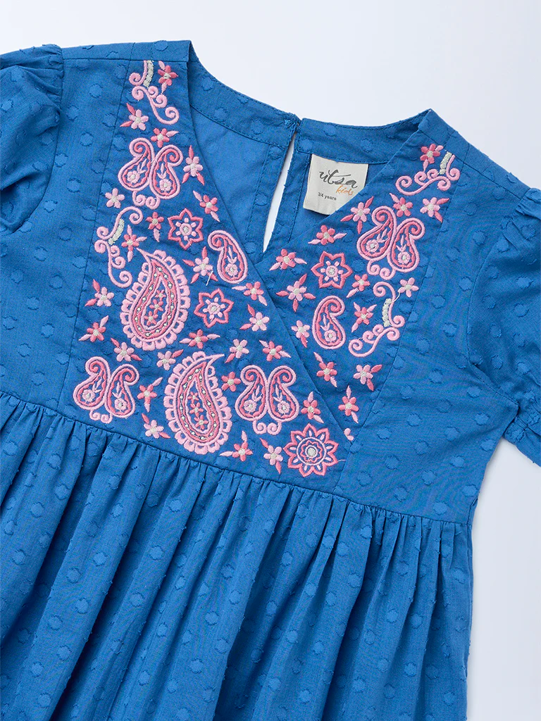 Utsa Kids Girls Indigo Floral Embroidered Flared Cotton-Blend Tiered Dress - (2-8 yrs) - Image 5