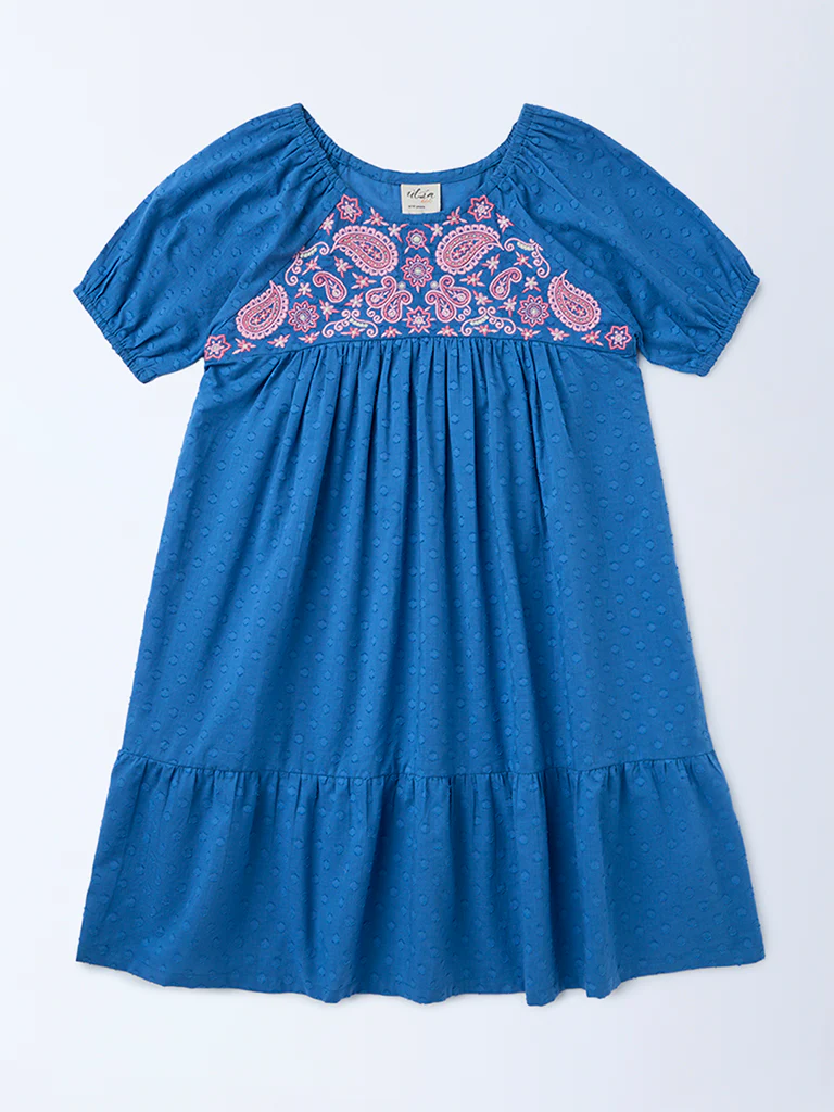Utsa Kids Girls Indigo Floral Embroidered Tiered Cotton-Blend Dress - (8-14 yrs)