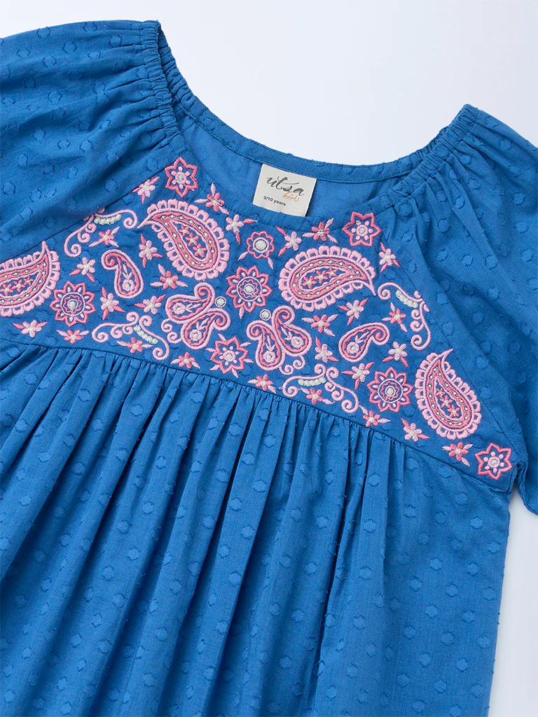 Utsa Kids Girls Indigo Floral Embroidered Tiered Cotton-Blend Dress - (8-14 yrs) - Image 3