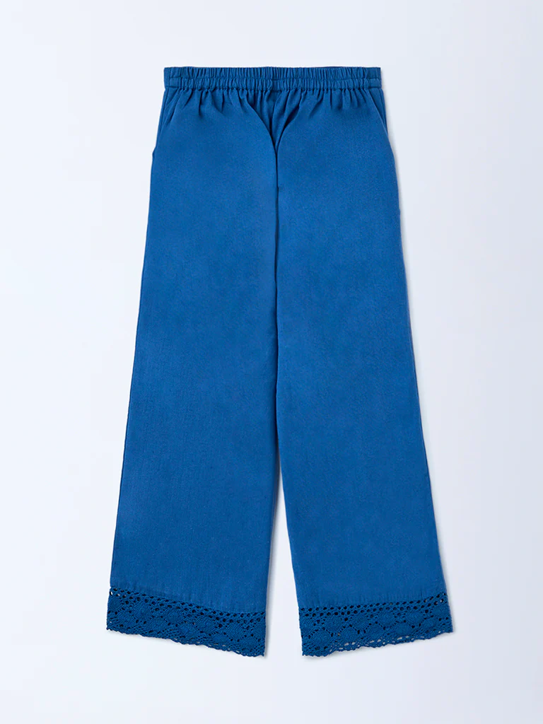 Utsa Kids Girls Indigo Lace Detailed Cotton-Blend Pants - (8-14 yrs) - Image 2