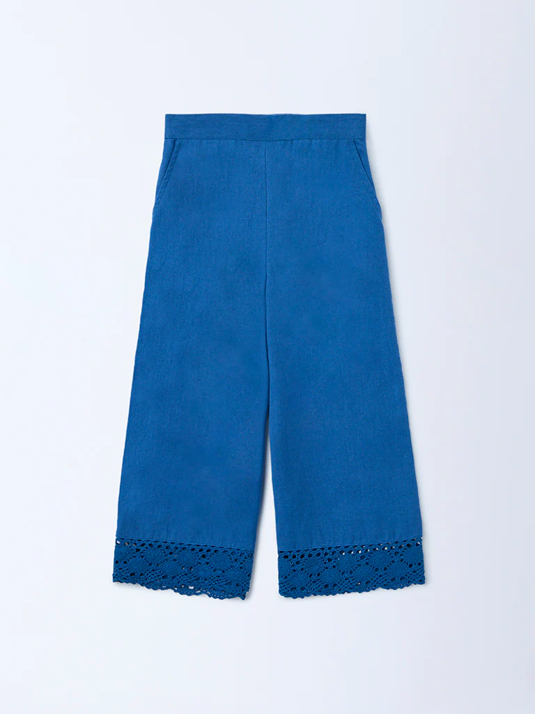Utsa Kids Girls Indigo Lace Detailed Mid-Rise Cotton-Blend Pants - (2-8 yrs) - Image 3