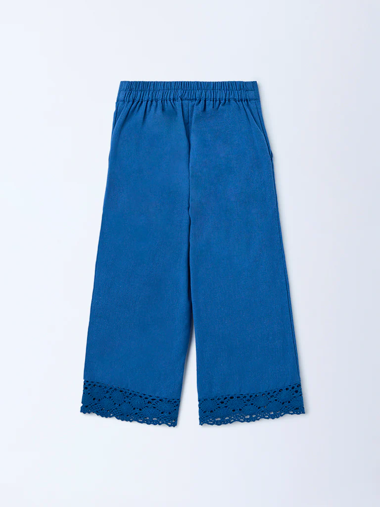 Utsa Kids Girls Indigo Lace Detailed Mid-Rise Cotton-Blend Pants - (2-8 yrs) - Image 4