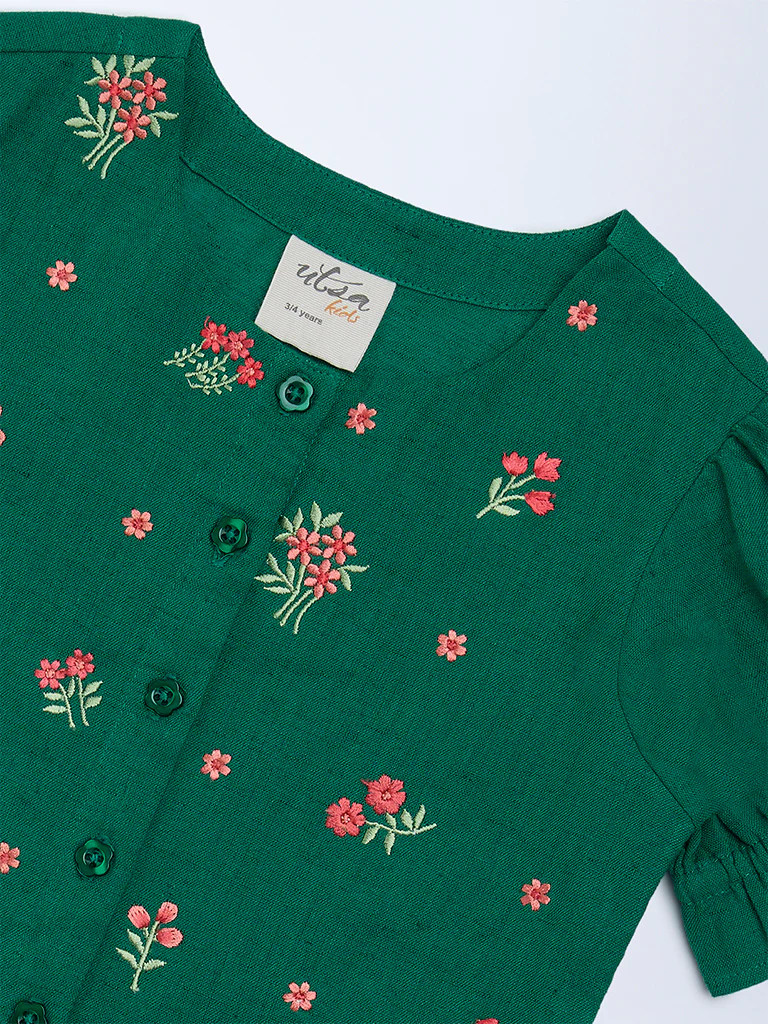 Utsa Kids Girls Jade Green Floral Embroidered Cotton-Blend Top - (2-8 yrs) - Image 3