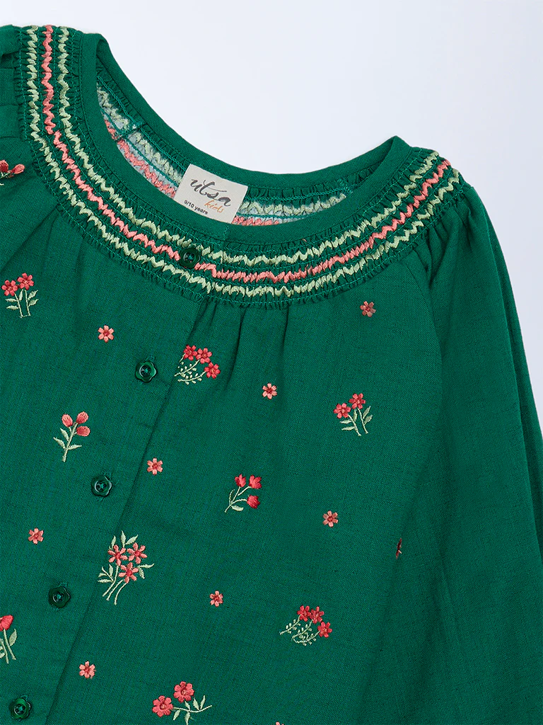 Utsa Kids Girls Jade Green Floral Embroidered Cotton-Blend Top - (8-14 yrs) - Image 3