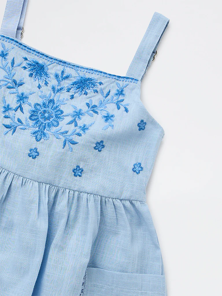Utsa Kids Girls Light Blue Embroidered A-Line Cotton Dress - (2-8 yrs) - Image 5