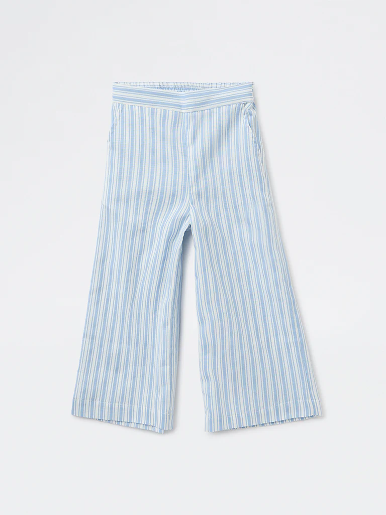 Utsa Kids Girls Light Blue Striped Mid-Rise Cotton-Blend Pants - (2-8 yrs) - Image 3