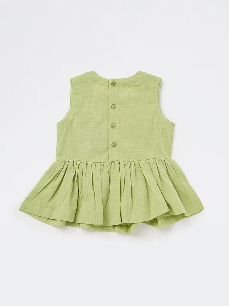 Utsa Kids Girls Light Green Embroidered Cotton Peplum Top - ( 2-8 yrs ) - Image 4
