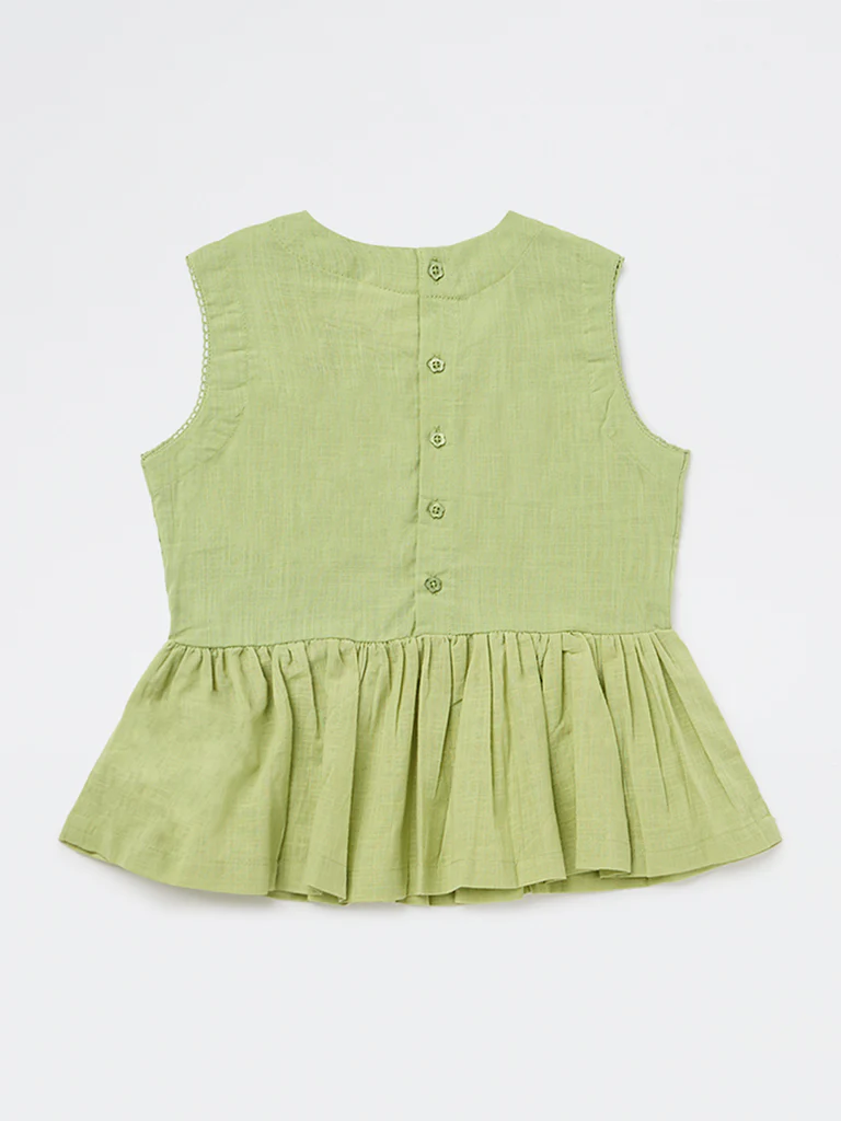 Utsa Kids Girls Light Green Embroidered Cotton Peplum Top - ( 8-14 yrs ) - Image 4