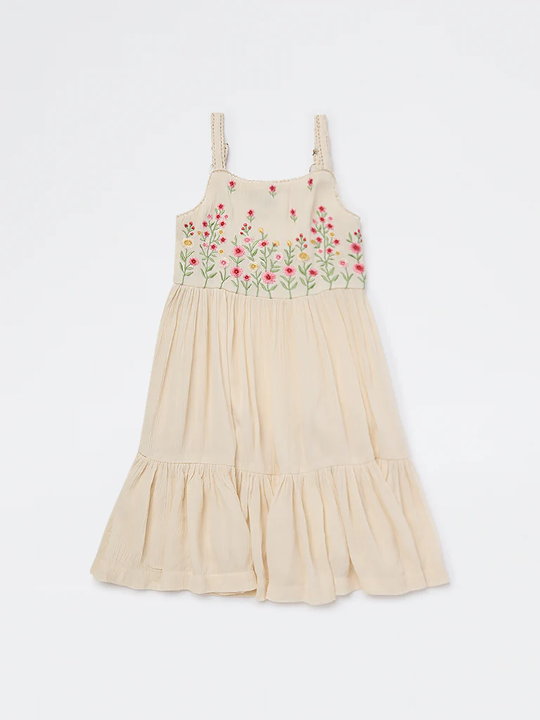 Utsa Kids Girls Light Peach Floral Embroidered A-Line Dress - (2-8 yrs) - Image 3