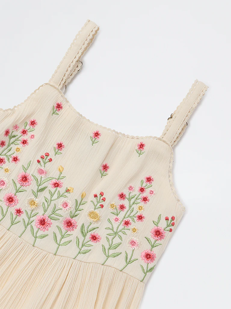Utsa Kids Girls Light Peach Floral Embroidered A-Line Dress - (2-8 yrs) - Image 5