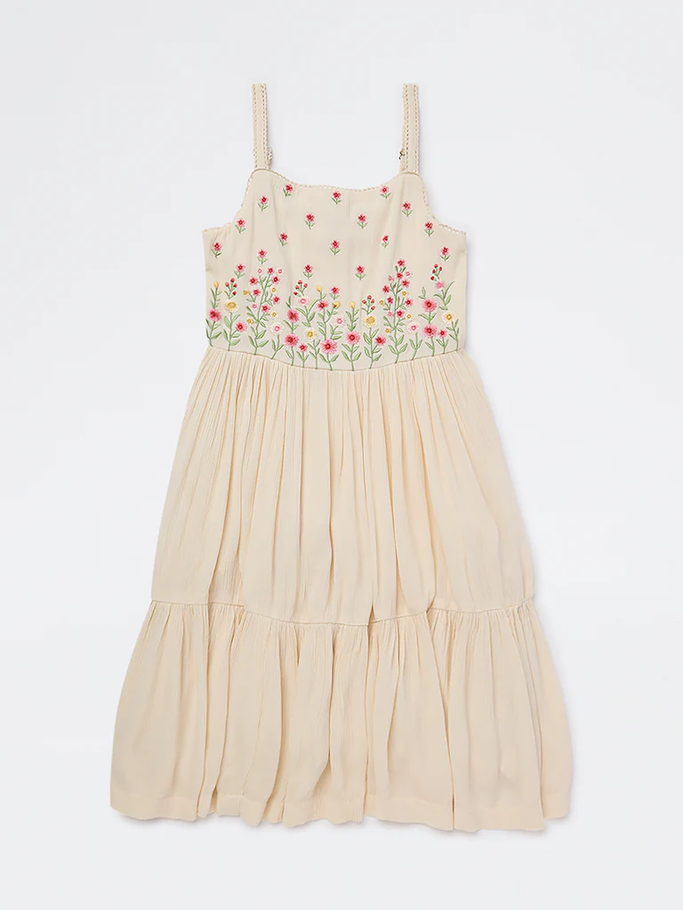 Utsa Kids Girls Light Peach Floral Embroidered A-Line Dress - (8-14 yrs)