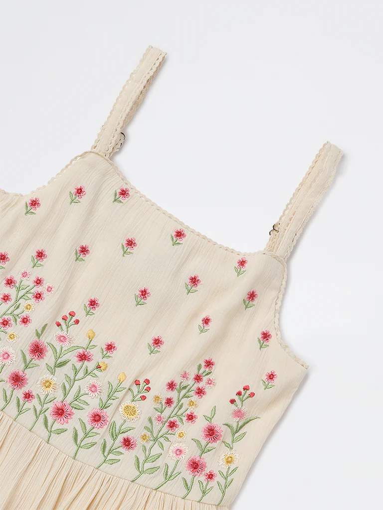 Utsa Kids Girls Light Peach Floral Embroidered A-Line Dress - (8-14 yrs) - Image 3