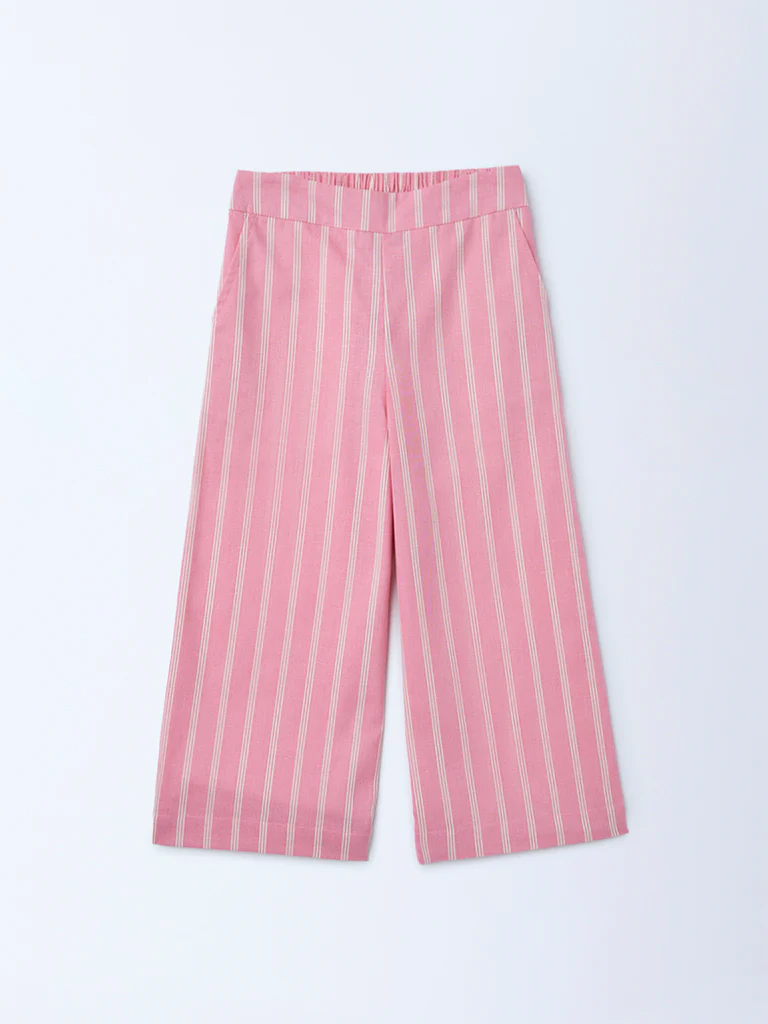 Utsa Kids Girls Light Pink Striped Mid-Rise Cotton-Blend Pants - (2-8 yrs) - Image 3