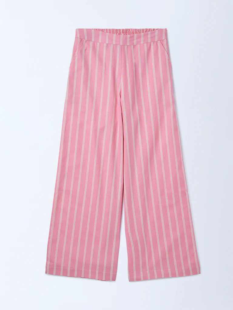 Utsa Kids Girls Light Pink Striped Mid-Rise Cotton-Blend Pants - (8-14 yrs)