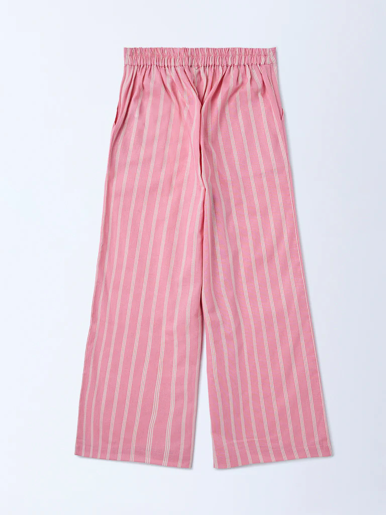 Utsa Kids Girls Light Pink Striped Mid-Rise Cotton-Blend Pants - (8-14 yrs) - Image 2